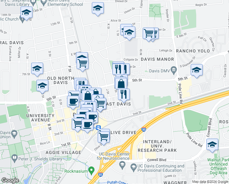 map of restaurants, bars, coffee shops, grocery stores, and more near 1121 4th Street in Davis