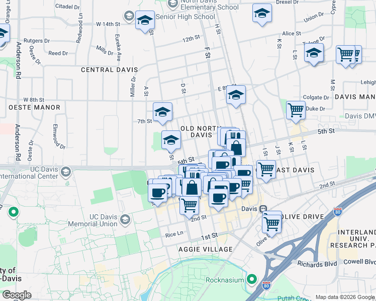 map of restaurants, bars, coffee shops, grocery stores, and more near 514 C Street in Davis