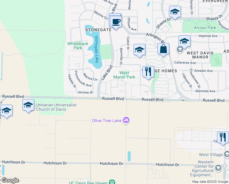 map of restaurants, bars, coffee shops, grocery stores, and more near 2909 Russell Boulevard in Davis