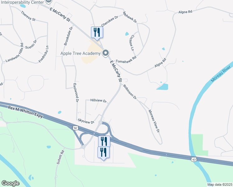 map of restaurants, bars, coffee shops, grocery stores, and more near 156 East McCarty Street in Jefferson City