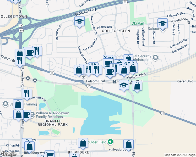 map of restaurants, bars, coffee shops, grocery stores, and more near 8351 Folsom Boulevard in Sacramento