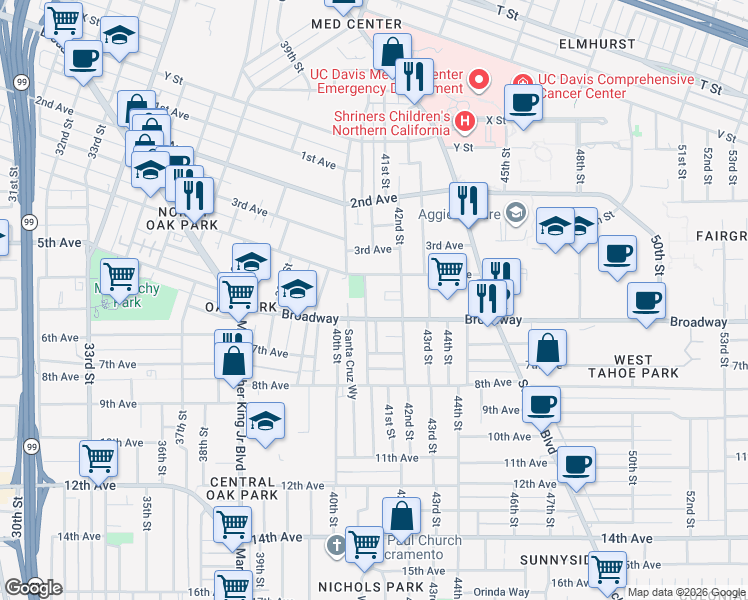 map of restaurants, bars, coffee shops, grocery stores, and more near 2953 San Jose Way in Sacramento