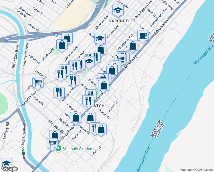 map of restaurants, bars, coffee shops, grocery stores, and more near 7610 South Broadway in St. Louis