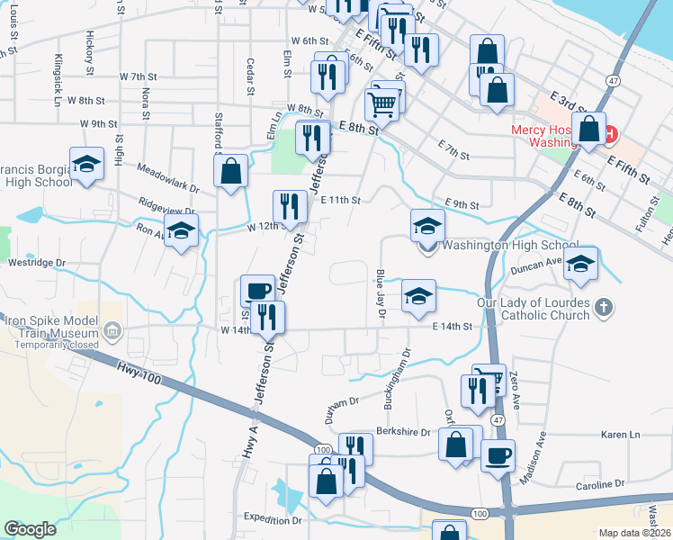 map of restaurants, bars, coffee shops, grocery stores, and more near 19 Southwinds Circle in Washington