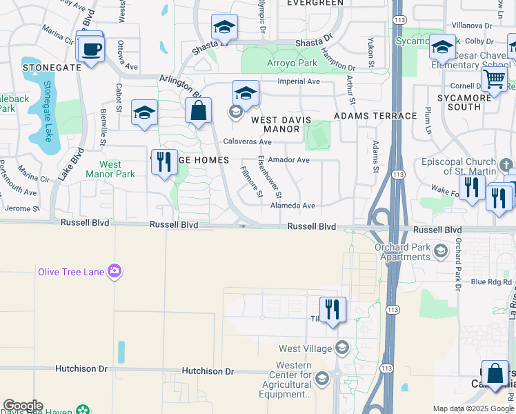 map of restaurants, bars, coffee shops, grocery stores, and more near in Davis