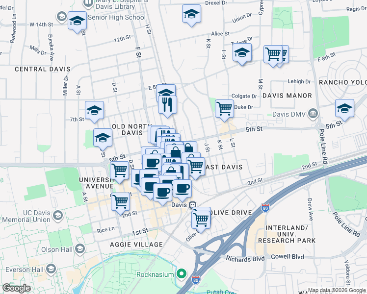 map of restaurants, bars, coffee shops, grocery stores, and more near 912 5th Street in Davis