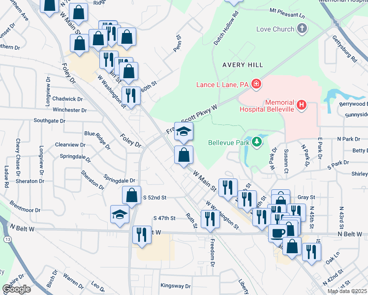 map of restaurants, bars, coffee shops, grocery stores, and more near 5401 West Main Street in Belleville