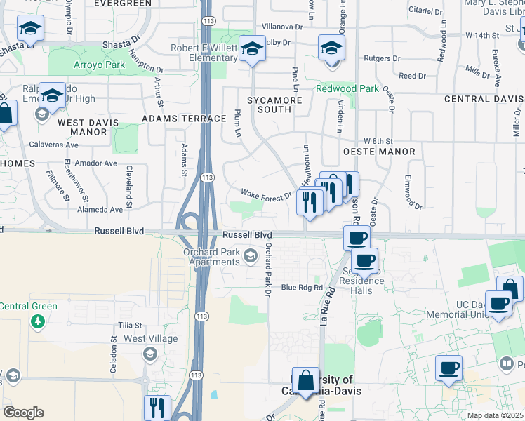 map of restaurants, bars, coffee shops, grocery stores, and more near 550 Oxford Circle in Davis