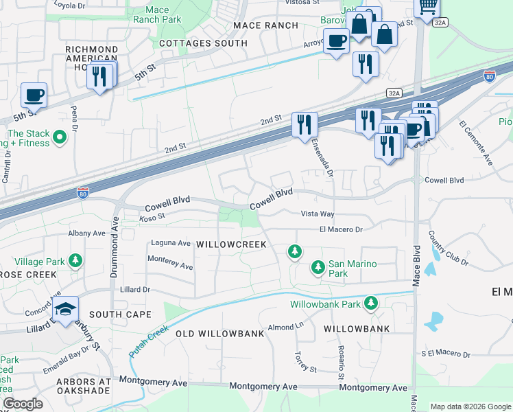 map of restaurants, bars, coffee shops, grocery stores, and more near Cowell Boulevard in Davis