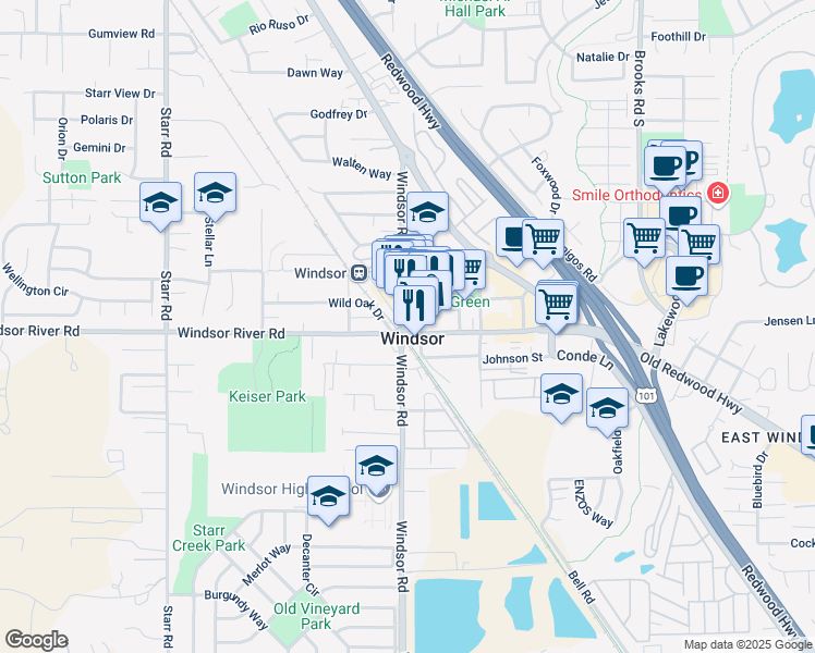 map of restaurants, bars, coffee shops, grocery stores, and more near in Windsor