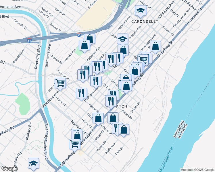 map of restaurants, bars, coffee shops, grocery stores, and more near 301 East Courtois Street in St. Louis