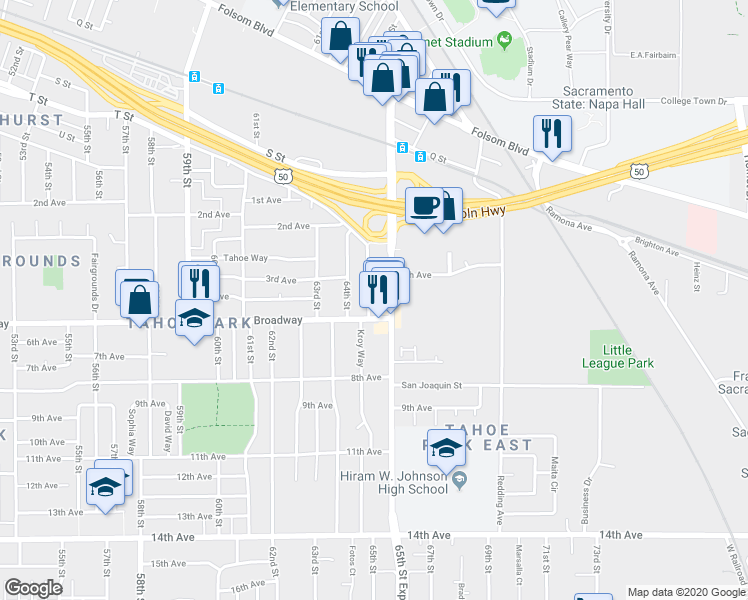 map of restaurants, bars, coffee shops, grocery stores, and more near 2992 65th Street in Sacramento