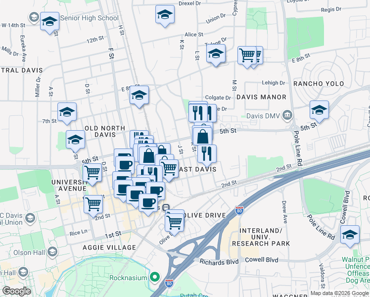 map of restaurants, bars, coffee shops, grocery stores, and more near 1121 4th Street in Davis