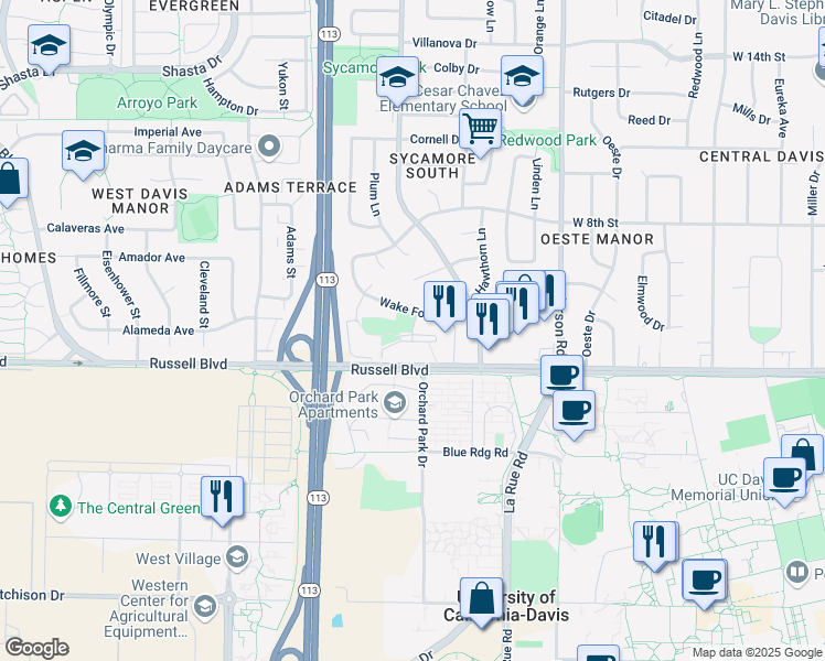 map of restaurants, bars, coffee shops, grocery stores, and more near 550 Oxford Circle in Davis