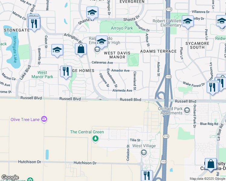 map of restaurants, bars, coffee shops, grocery stores, and more near in Davis