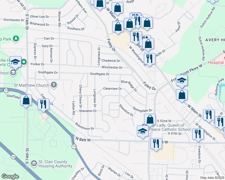 map of restaurants, bars, coffee shops, grocery stores, and more near 409 Springdale Drive in Belleville