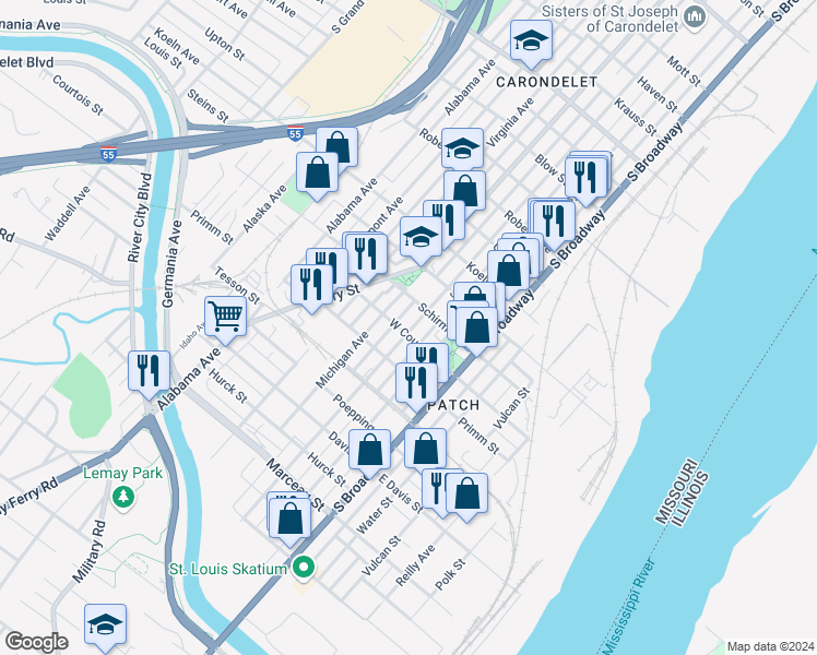 map of restaurants, bars, coffee shops, grocery stores, and more near 216 East Courtois Street in St. Louis