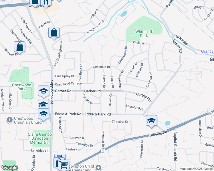 map of restaurants, bars, coffee shops, grocery stores, and more near 9368 Buxton Drive in St. Louis