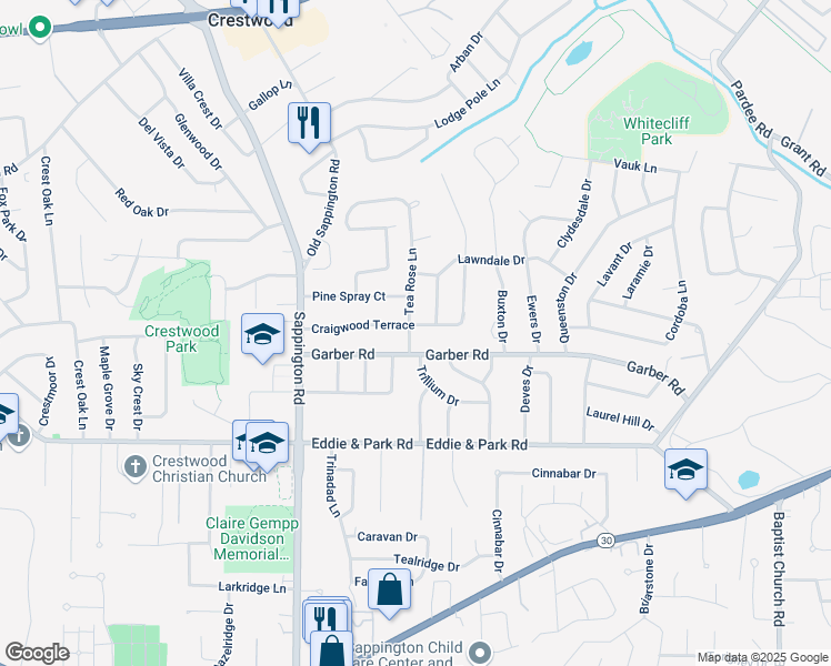 map of restaurants, bars, coffee shops, grocery stores, and more near 9445 Garber Road in St. Louis