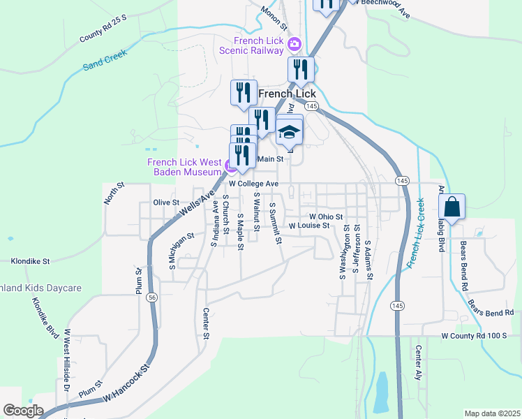 map of restaurants, bars, coffee shops, grocery stores, and more near 618 South Walnut Street in French Lick
