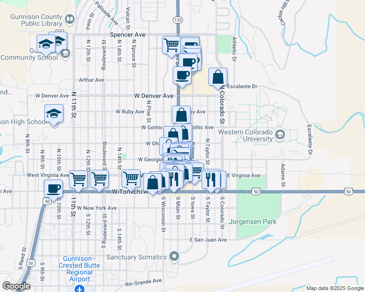 map of restaurants, bars, coffee shops, grocery stores, and more near 305 North Iowa Street in Gunnison