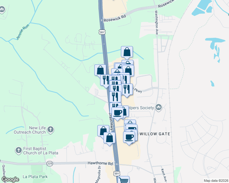 map of restaurants, bars, coffee shops, grocery stores, and more near 103 Drury Drive in La Plata