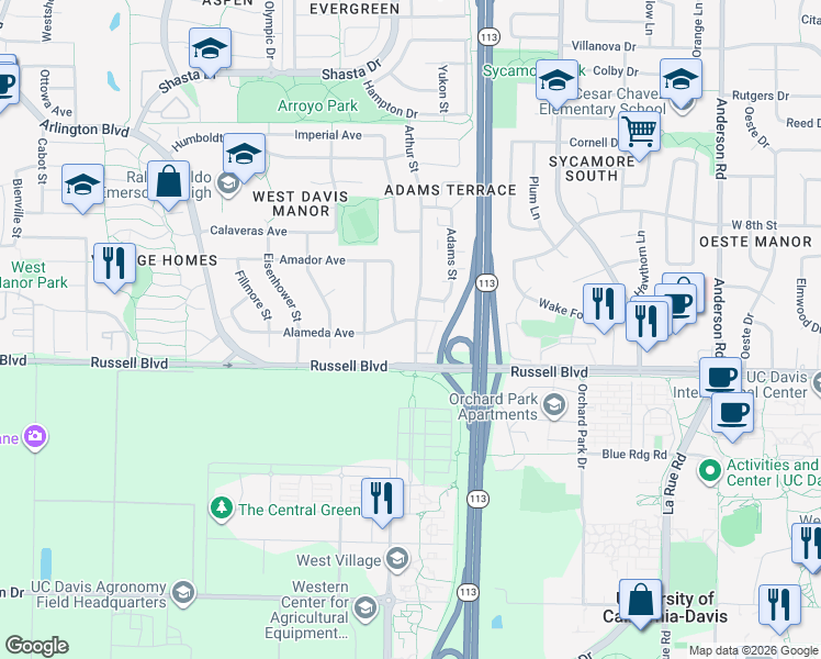 map of restaurants, bars, coffee shops, grocery stores, and more near in Davis