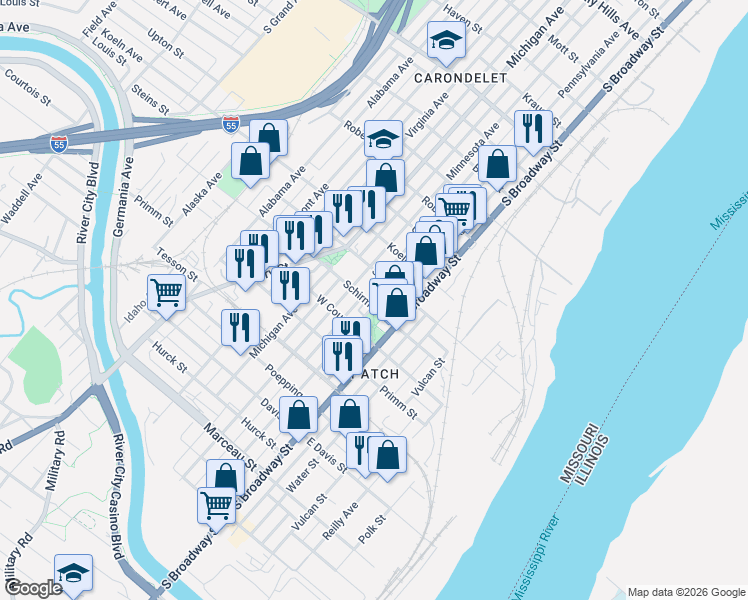 map of restaurants, bars, coffee shops, grocery stores, and more near 7700 Pennsylvania Avenue in St. Louis