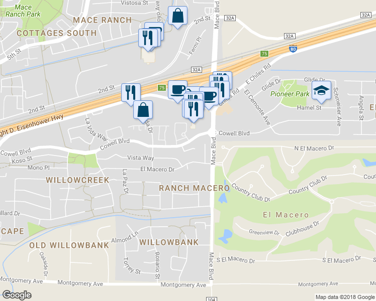 map of restaurants, bars, coffee shops, grocery stores, and more near 4447 Sunrise Court in Davis