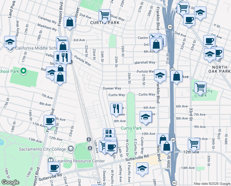 map of restaurants, bars, coffee shops, grocery stores, and more near 2433 Montgomery Way in Sacramento