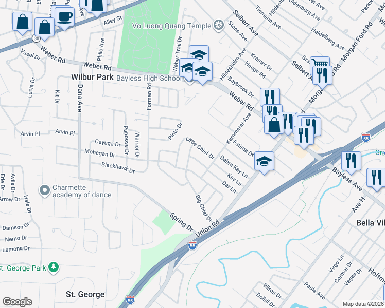 map of restaurants, bars, coffee shops, grocery stores, and more near 9032 Big Chief Drive in St. Louis