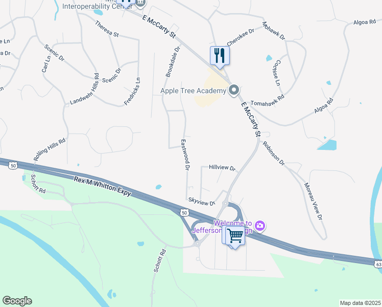 map of restaurants, bars, coffee shops, grocery stores, and more near 315 Eastwood Drive in Jefferson City