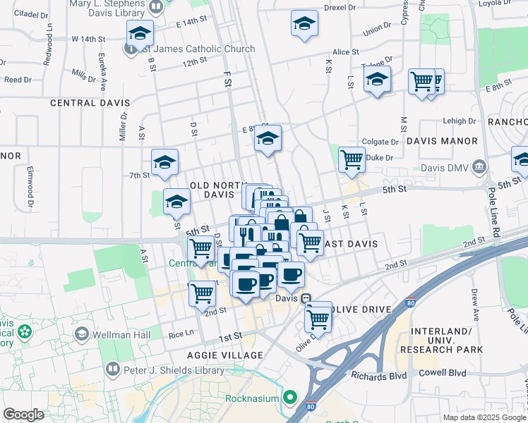 map of restaurants, bars, coffee shops, grocery stores, and more near 501 G Street in Davis