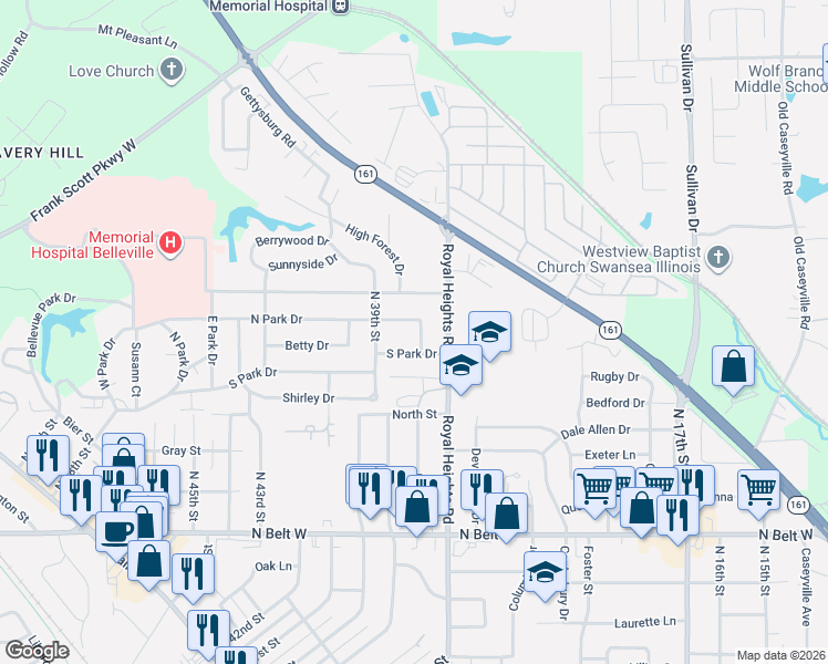 map of restaurants, bars, coffee shops, grocery stores, and more near 3709 South Park Drive in Belleville