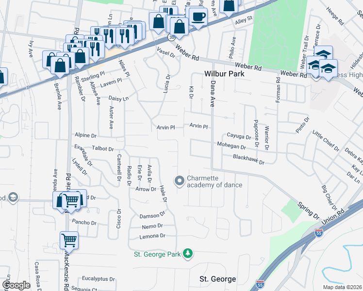 map of restaurants, bars, coffee shops, grocery stores, and more near 9500 Tiber Drive in Affton