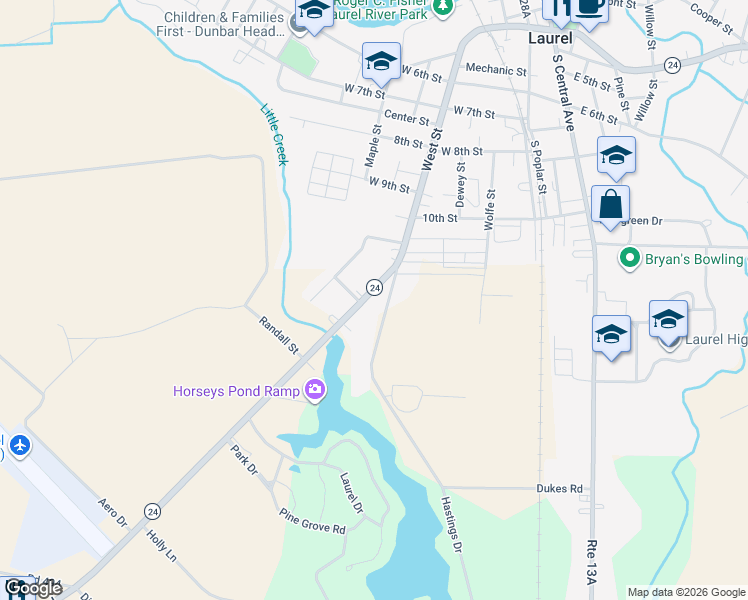 map of restaurants, bars, coffee shops, grocery stores, and more near 33824 Evans Road in Laurel