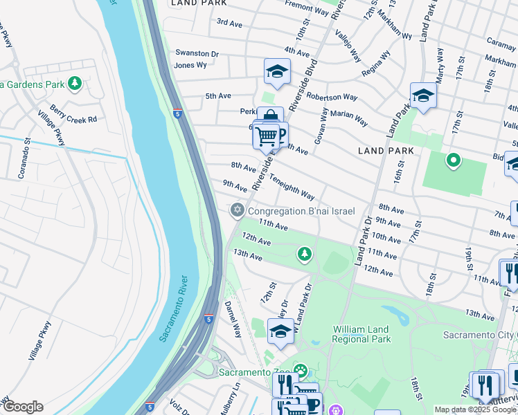 map of restaurants, bars, coffee shops, grocery stores, and more near 1036 10th Avenue in Sacramento