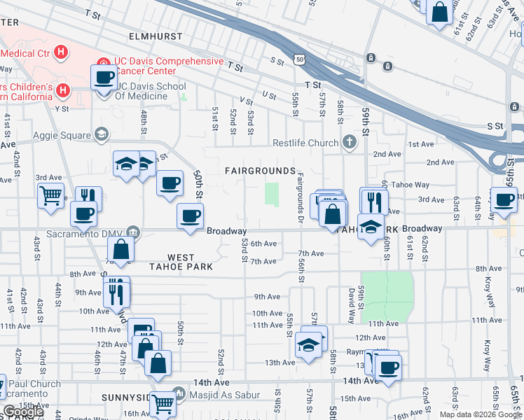map of restaurants, bars, coffee shops, grocery stores, and more near 185 Fairgrounds Drive in Sacramento