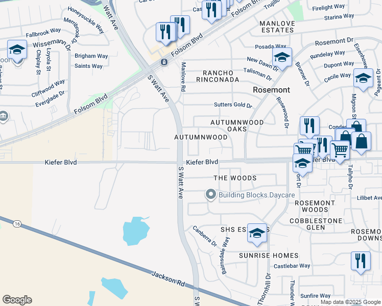 map of restaurants, bars, coffee shops, grocery stores, and more near 8912 Kiefer Boulevard in Sacramento