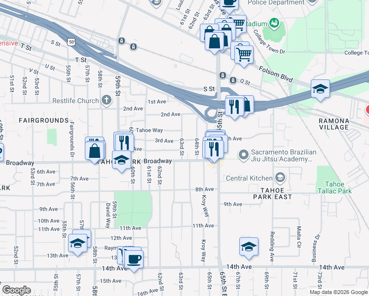 map of restaurants, bars, coffee shops, grocery stores, and more near 6301 Broadway in Sacramento