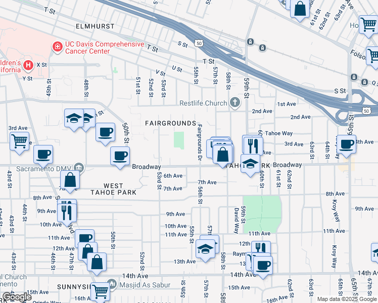 map of restaurants, bars, coffee shops, grocery stores, and more near 5503 Broadway in Sacramento
