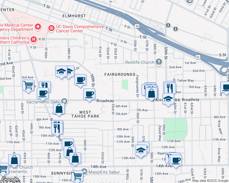 map of restaurants, bars, coffee shops, grocery stores, and more near 100 Fairgrounds Drive in Sacramento