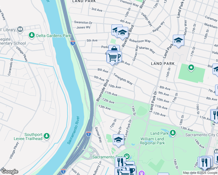map of restaurants, bars, coffee shops, grocery stores, and more near 1067 11th Avenue in Sacramento