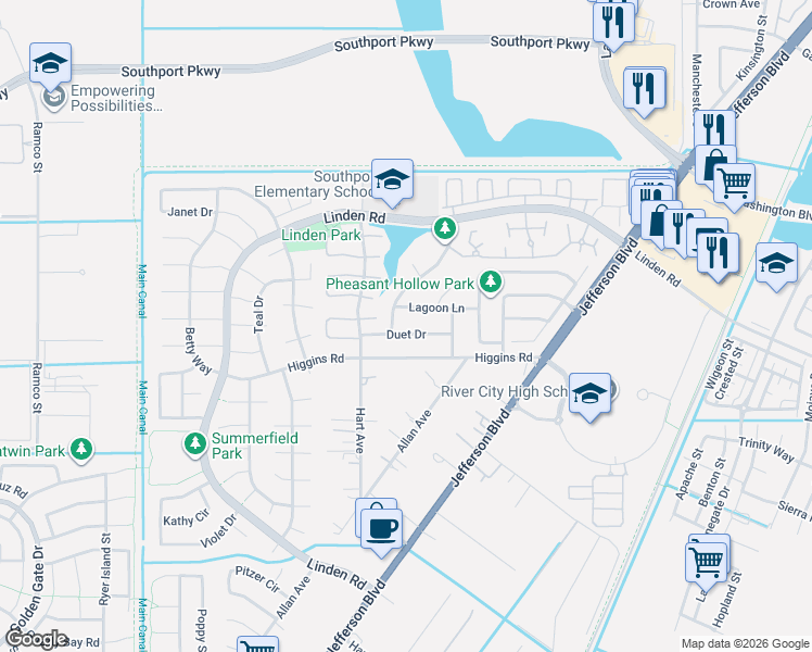 map of restaurants, bars, coffee shops, grocery stores, and more near 2555 Higgins Road in West Sacramento