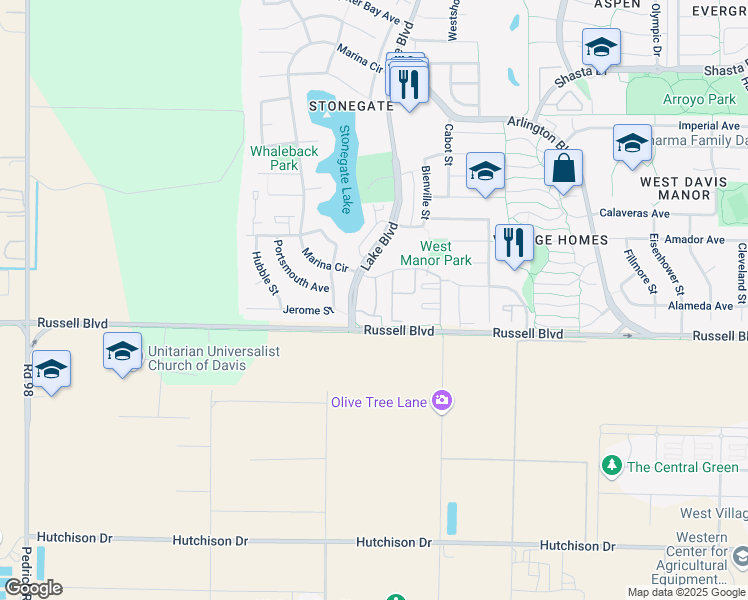 map of restaurants, bars, coffee shops, grocery stores, and more near 500 Lake Boulevard in Davis