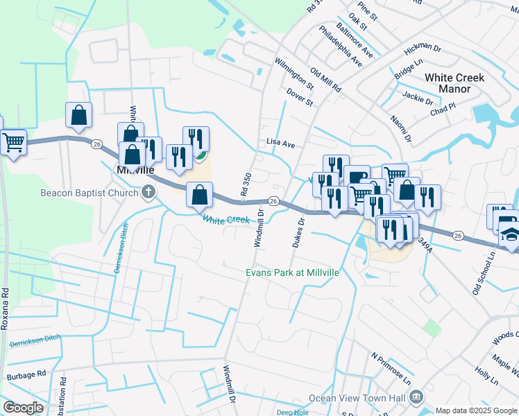 map of restaurants, bars, coffee shops, grocery stores, and more near 33006 Deer Trail in Millville