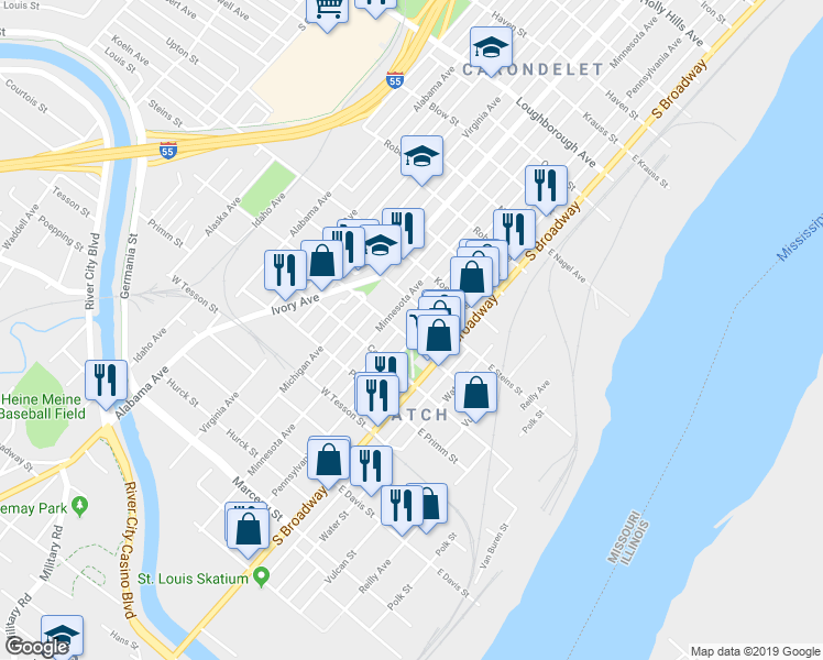 map of restaurants, bars, coffee shops, grocery stores, and more near 7700 Pennsylvania Avenue in St. Louis