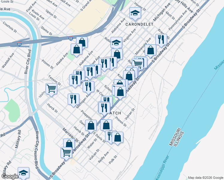 map of restaurants, bars, coffee shops, grocery stores, and more near 7700 Pennsylvania Avenue in St. Louis