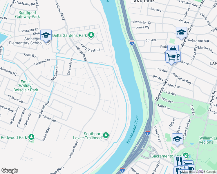 map of restaurants, bars, coffee shops, grocery stores, and more near 2768 Moonflower Street in West Sacramento