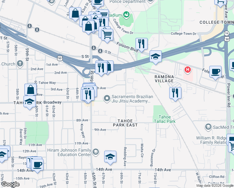 map of restaurants, bars, coffee shops, grocery stores, and more near 6730 4th Avenue in Sacramento